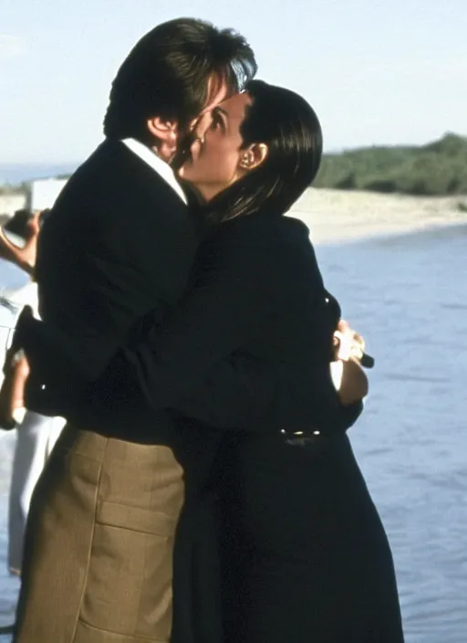 Image similar to film still of Al Pacino hugging kim kardashian in an episode of The Sopranos, 4k