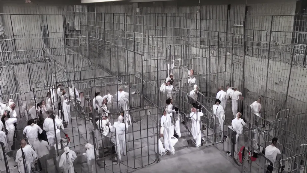 Prompt: A large jail holding cell with a dozen or more Elvis impersonators inside, photorealistic 4k