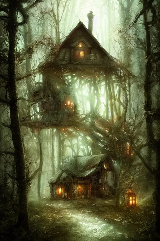 Image similar to a ramshackle cabin in the woods, magical forest, fairytale style, Fairycore, cottagecore, fantasy, by Bastien Lecouffe Deharme