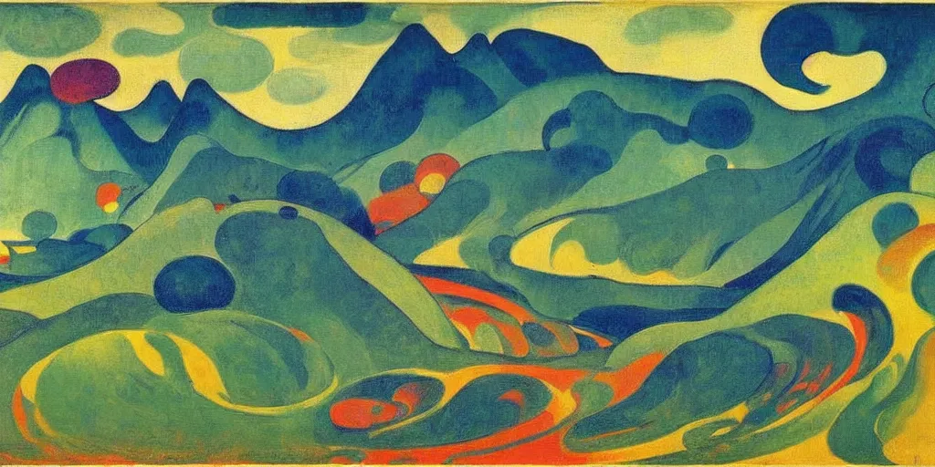 Prompt: An insane, modernist landscape painting. Wild energy patterns rippling in all directions. Curves, organic, zig-zags. Mountains, clouds. Rushing water. Waves. Psychedelic dream world. Odilon Redon. Ernst Kirchner.