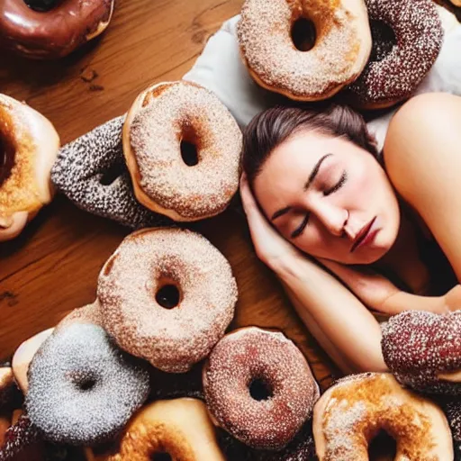 Prompt: A woman sleeping on a bed made of doughnuts