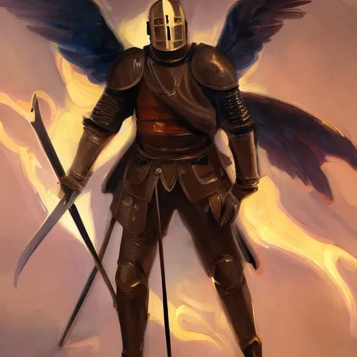 Image similar to a knight in a hall with an angel wing holding a sword of fire, digital oil painting, style of John singer Sargent, heroic, cinematic, indoor, warm lighting, godrays, concept art, highly detailed, trending on art station
