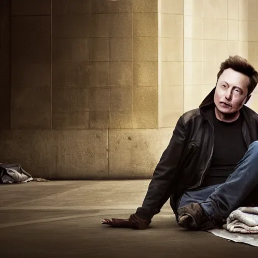 Prompt: portrait of elon musk as a homeless person, ultra realistic photography, highly detailed, photorealistic, octane render, 8 k, unreal engine