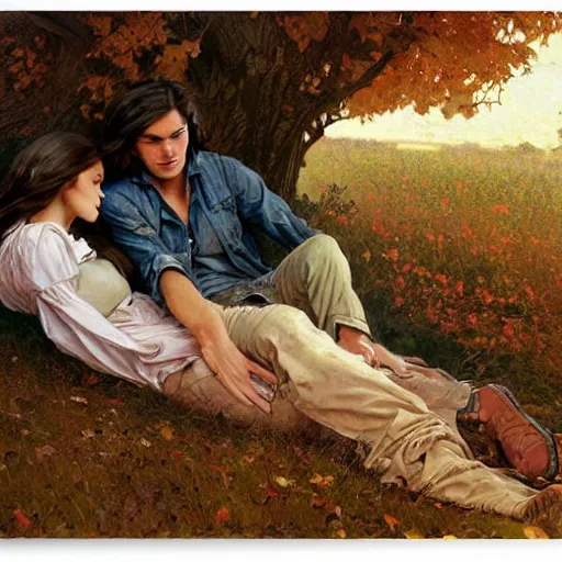 Image similar to young man and woman with long brown hair, laying under a tree looking at clouds autumn, ( ( ( wearing jeans ) ) ), by stanley artgerm lau, greg rutkowski, thomas kindkade, alphonse mucha, loish, norman rockwell