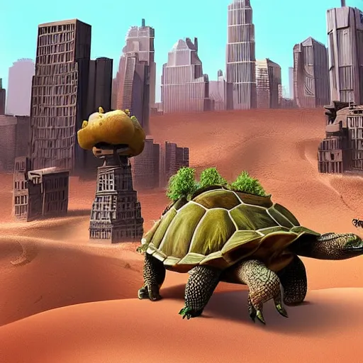 Prompt: fantasy city with tall buildings riding on the top of a gargantuan tortoise traveling through a barren dessert on a hot day. Realistic. Hyper detailed.