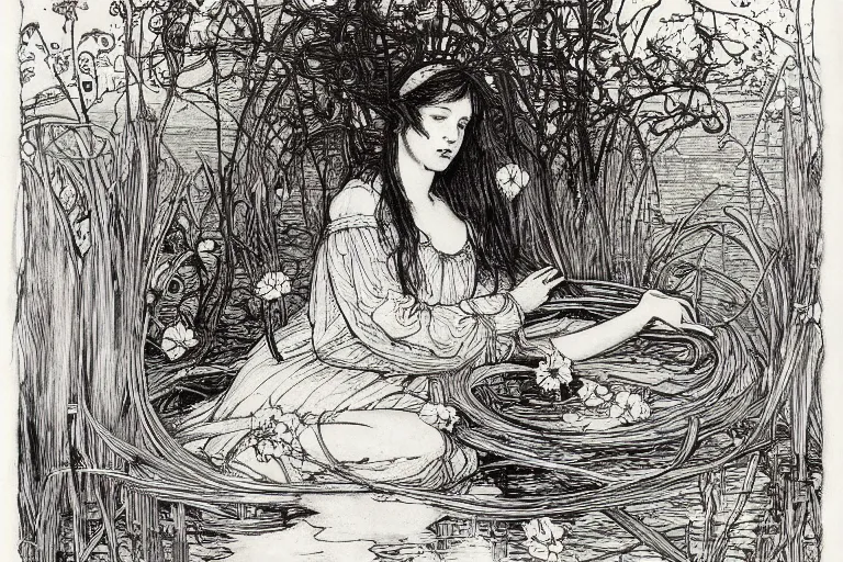 Image similar to ophelia by john everett millais, floating in the water, surrounded by water reeds and flowers, illustrated in the style of aubrey beardsley, black ink, decadent, intricate line art