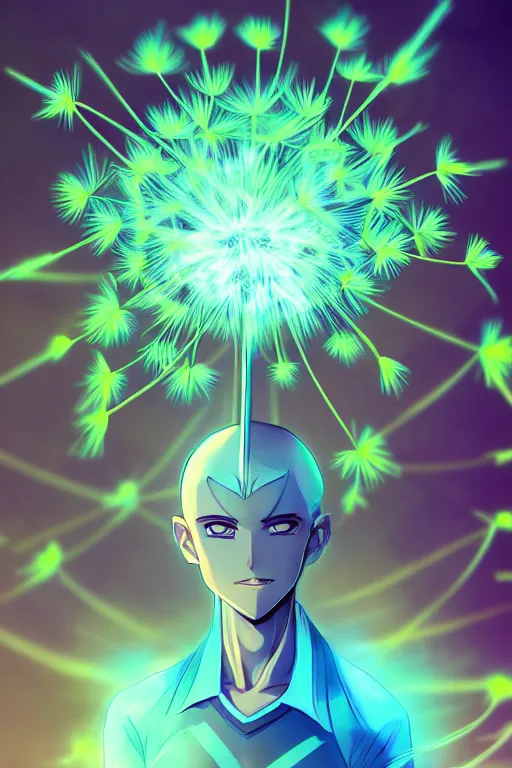 Prompt: cyan glowing luminescent dandelion male anime character, symmetrical, highly detailed, digital art, sharp focus, trending on art station, purple eyes, beautiful colours