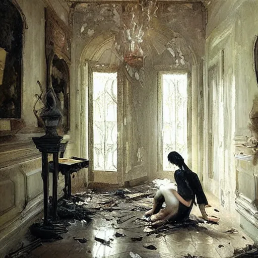 Image similar to Entry hall of an old scary villa, furniture falling apart, oil painting, by Fernanda Suarez and Edgar Maxence and greg rutkowski