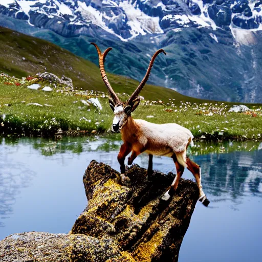 Prompt: ibex eating edelweiss on a mountain lake