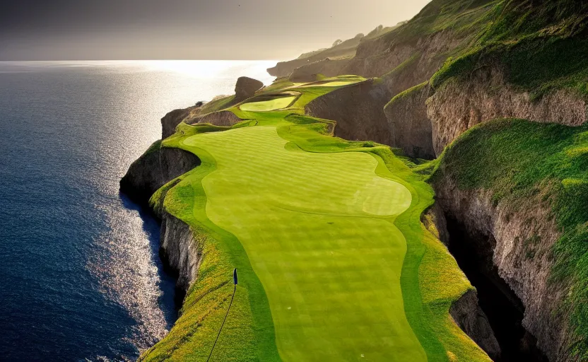 Image similar to a great photograph of the most amazing golf hole in the world, incredible light, cliffs by the sea, perfect green fairway, human perspective, ambient light, 5 0 mm, golf digest, top 1 0 0, fog