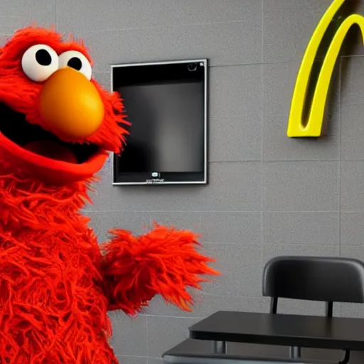 Image similar to a still of elmo in a mcdonalds, award - winning, photograph, 3 d render, unreal engine, 4 k detailed