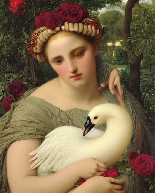 Prompt: beautiful portrait of a goddess hugging a swan, beautiful eyes, pomegranates and roses, close-up portraiture, golden ratio, painted by John William Godward and Jean Auguste Dominique Ingres and Anna Dittman,