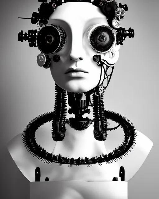 Image similar to black and white dreamy foggy profile face portrait, one steampunk eye biomechanical beautiful young female cyclope - cyborg - robot bust, body ribs meshes,, volumetric light, hibiscus flowers, by hg giger, rim light, by dora maar and cecile beaton, big gothic fashion pearl embroidered collar, 8 k