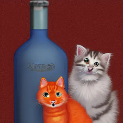 Prompt: a fluffy cat standing next to a bottle of medicine. orange cat. the cat was in a bedroom. animal. digital art. artstation. illustration.