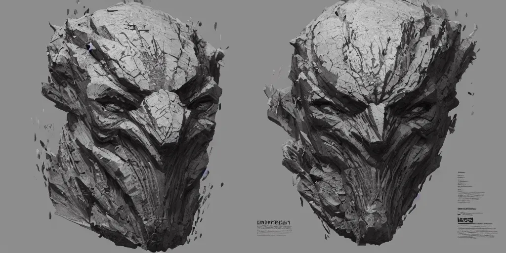 Prompt: rock mask design, character sheet, Moebius, Greg Rutkowski, Zabrocki, Karlkka, Jayison Devadas, Phuoc Quan, trending on Artstation, 8K, ultra wide angle, zenith view, pincushion lens effect.