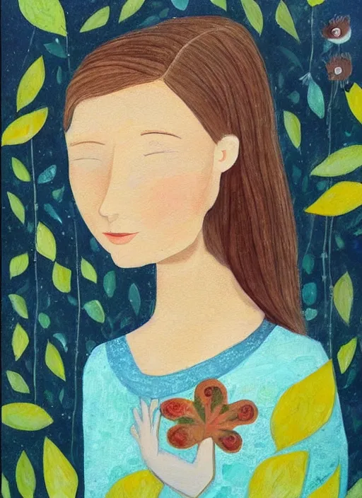 Image similar to a wonderful childrens illustration book portrait painting of a woman with serene emotion, art by tracie grimwood, forest, trees, many leaves, birds, whimsical, aesthetically pleasing and harmonious natural colors