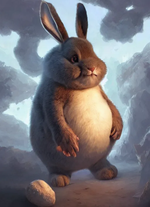 Prompt: hyper realistic, a cute adorable happy masculine big chungus, inside a dreamscape, extremely large eyes, background painted by greg rutkowski, artgerm, soft lighting, analogous colors