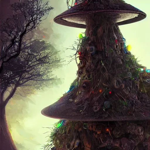 Prompt: hat tree, aatree that is growing hats, highly detailed, illustration, sci - fi art, cyberpunk, epic, realistic, intricate, hyper detailed, artstation, concept art, smooth, sharp focus, ray tracing