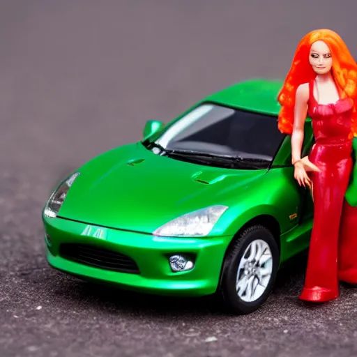 Prompt: a red haired woman driving a Jada toys mitsubishi eclipse green diecast car, the woman is inside the toy car, high resolution macro photo