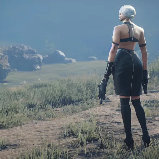 Image similar to Film still of 2B nier automata in Red Dead Redemption 2 (2018 video game), medium full shot, detailed skin and thick thighs, artstation, artstation hq, hd, 4k