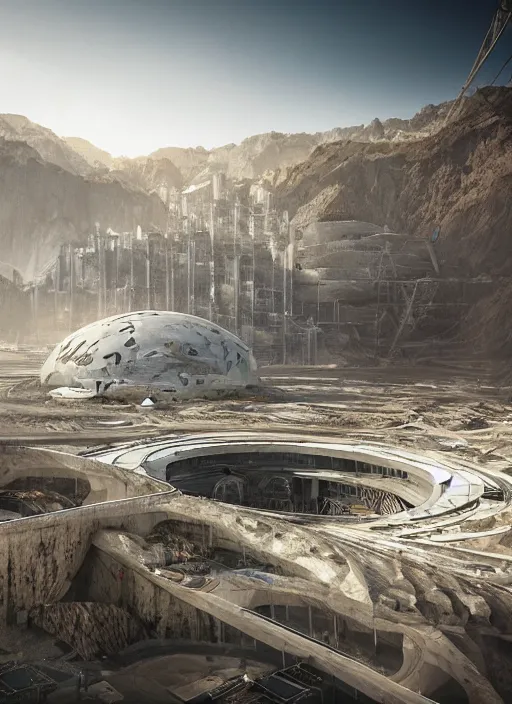 Image similar to bioremediation white mining tailing futuristic architecture in chuquicamata, epic, cinematic, hyperealistic, high detailed, corona render, hdr, ray tracing