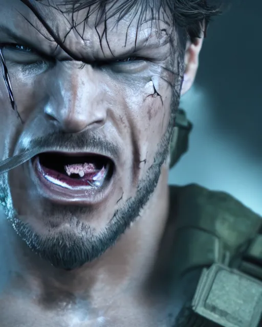 Image similar to solid snake portrait, cinematic lighting, anguished crying screaming yelling, mouth open, black atmospheric background, 4 k photography hdr