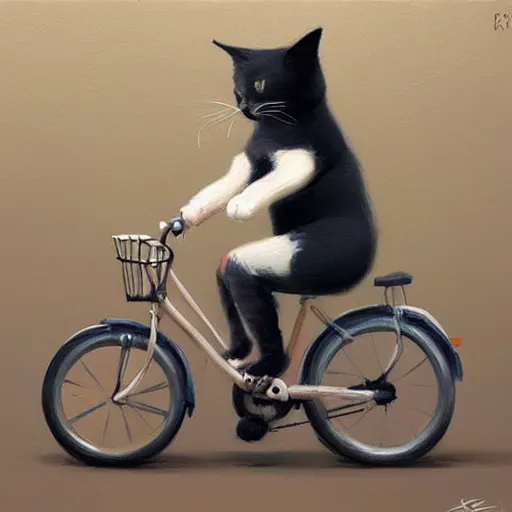 Prompt: Expressive painting of cute cat riding a bicycle, digital art by Krenz Cushart, trending on artstation