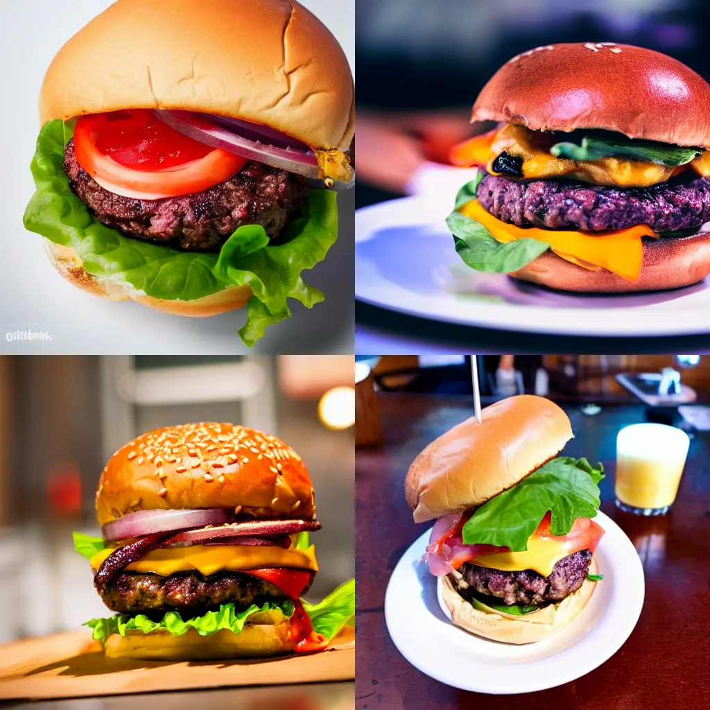 Prompt: A delicious juicy burger, Michelin Star, food photography, warm lighting