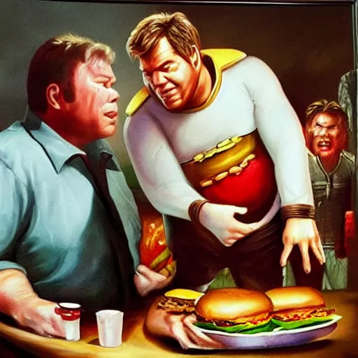 Prompt: portrait of william shatner feeding captain kirk giant hamburgers, extra bacon lettuce and tomatoes, an oil painting by ross tran and thomas kincade