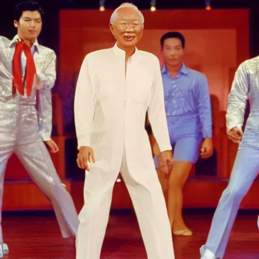 Image similar to A still of Lee Kuan Yew wearing a disco suit in Saturday Night Fever