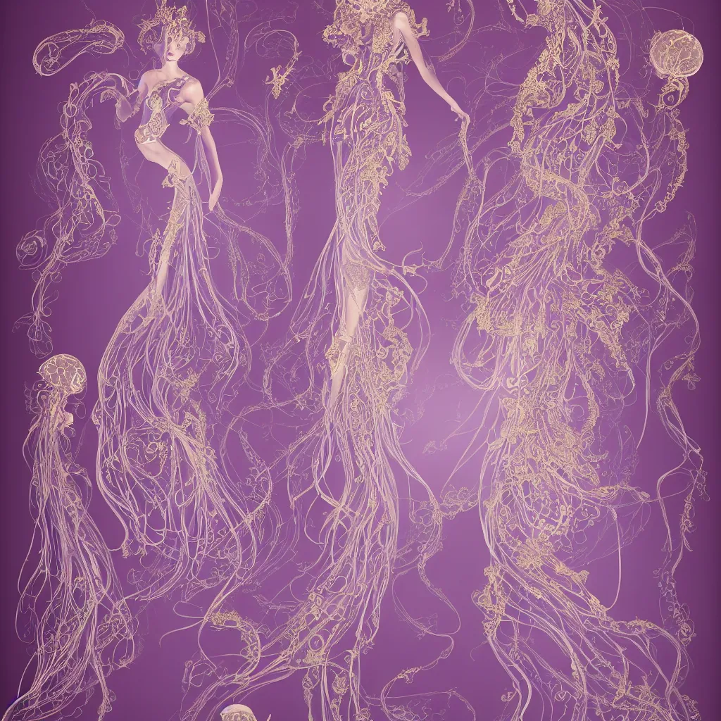 Image similar to purple dress design with goldenlace in the style of rococo ,Victorian era，jellyfish element,dreamy, soft ,Backlight ,luminescence,Aetherpunk,highly detailed,8k