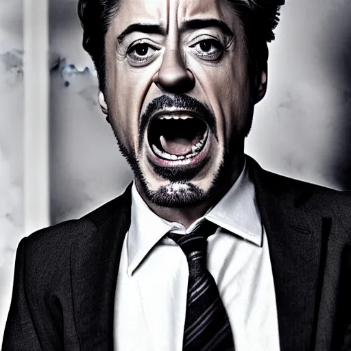 Prompt: robert downey jr screaming at the camera absolutely furious, photo, grayscale