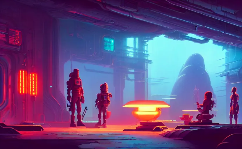 Image similar to a bounty hunter bar in a cyberpunk space opera studio ghibli animated film, d & d, fantasy concept art, global illumination, beautiful composition, volumetric lighting, octane render by studio ghibli and christopher balaskas, highly detailed