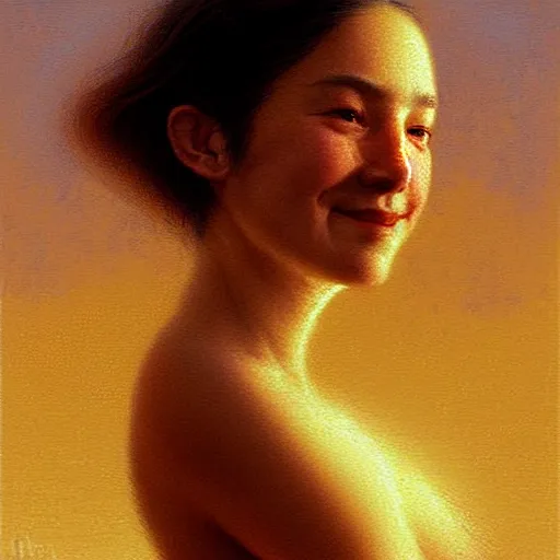 Image similar to Facial portrait of a cute shy woman, looking away from the camera, shy smile, mouth slightly open, lips slightly parted, long flowing hair, no hands visible, intricate, extremely detailed painting by Henry Justice Ford and by Greg Rutkowski and by Moebius, golden hour