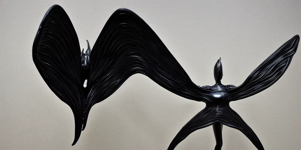 Prompt: ASYMMETRICAL irregular brutalist black-metal winged sculpture made of glossy black liquid latex and industrial hardware, sharp irregular spiraling wings, spidery edges, designed by nancy grossman, anish kapoor, herman nitsch, 8k, hyperrealistic, hyper-detailed, highly textured, gloss finish, dark volumetric lighting