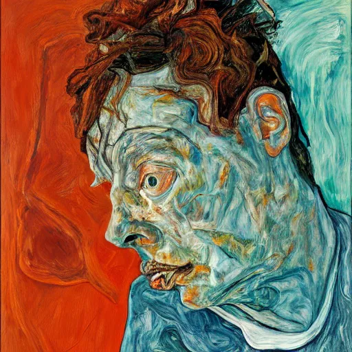 Prompt: high quality high detail expressionist painting of a man in agony by lucian freud and jenny saville egon schiele and francis bacon, hd, anxiety, turquoise and orange