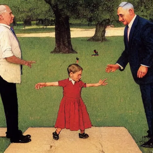 Image similar to benjamin netanyahu playing hopscotch in a public park, by norman rockwell