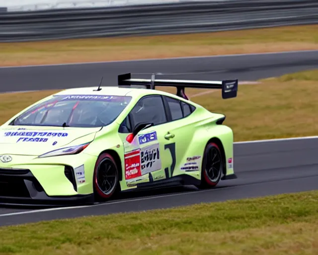 Prompt: 2022 Toyota Prius GT3 crossing the finish line at Silverstone