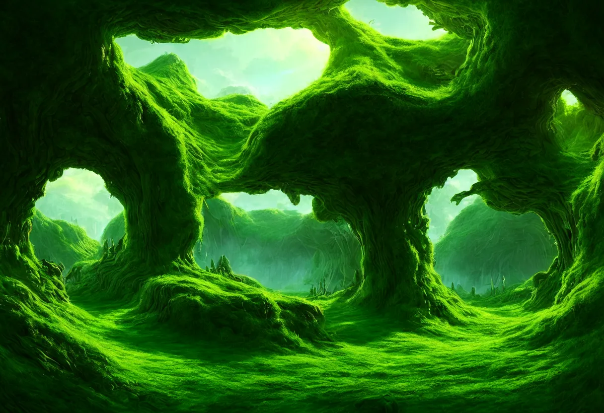 Image similar to inside of alien lush summer green landscape of human mind and imagination, matte painting, beautiful render, octane render, concept art