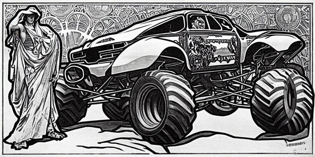 Image similar to monster truck rally, Alphonse Mucha