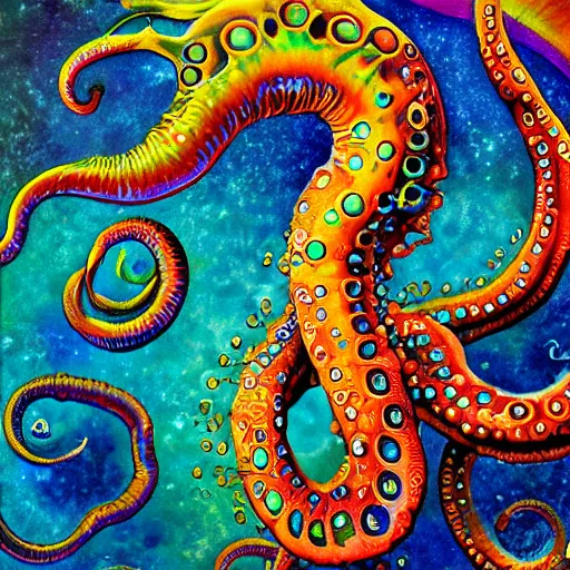 Image similar to fiery whimsical emotional eyes cephalopod with colorful bifrost tentacles, surreal painting by Ernst Haeckel, in a photorealistic macro photograph with shallow DOF, artstation