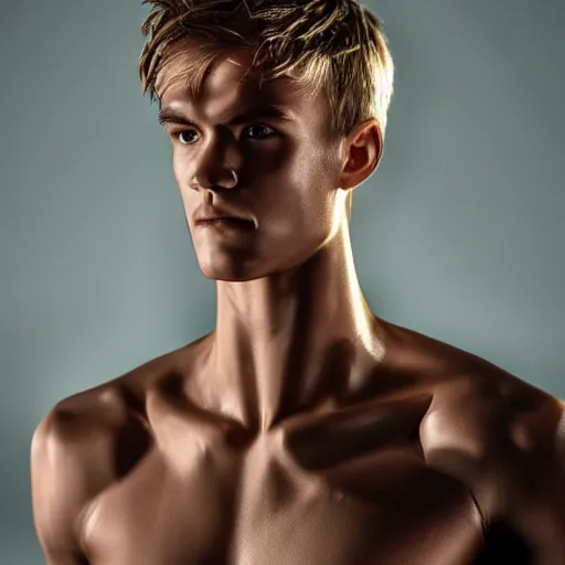 Image similar to a realistic detailed photo of a guy who is an attractive humanoid who is half robot and half humanoid, who is a male android, soccer player martin ødegaard, shiny skin, posing like a statue, blank stare, in a living room, on display, showing off his muscles