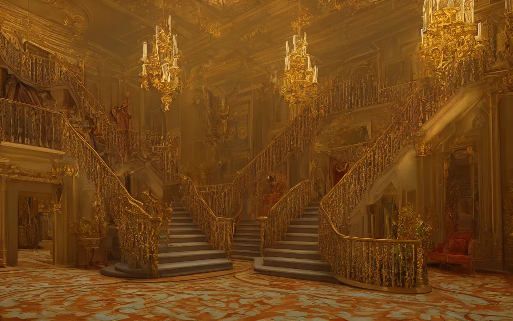 Prompt: a large royal staircase inside of an estate with high ceilings, beautiful lighting, fantasy colors, vivid colors!, highly detailed, octane render, 4 k, focused, extreme details, unreal engine 5, cinematic, trending on artstation, deviantart featured