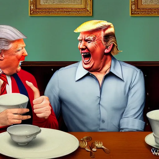 Prompt: smiling trump meets with laughing slaanesh at a diner, style of norman rockwell, 8 k, ultra detailed, photograph, rule of thirds.