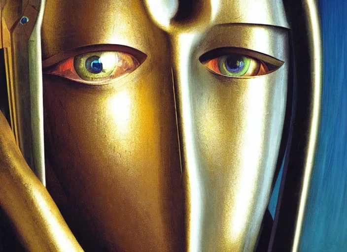 Image similar to asymmetrical portrait headshot of sci fi metallic human, bright eyes, melancholic complex geometric figure liminal biomechanical by oskar schlemmer, moebius, john berkey, film grain, oil on canvas, portrait facial head, featured on artstation, hd wallpaper, 8 k, bright colors, global radiant light