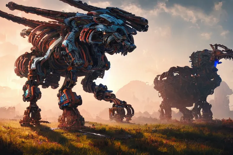 Image similar to thunderjaw machine mecanical creature robot of horizon forbidden west horizon zero dawn radiating a glowing aura global illumination ray tracing hdr fanart arstation by ian pesty and alena aenami artworks in 4 k