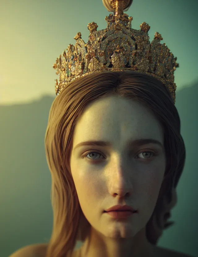 Prompt: blurred background. close-up portrait of a goddess in crown, by Artem Chebokha by Anka Zhuravleva and Alena Aenami, Atey Ghailan, octane render, unreal engine, cinematic counter light, high detail, octane render, 4k