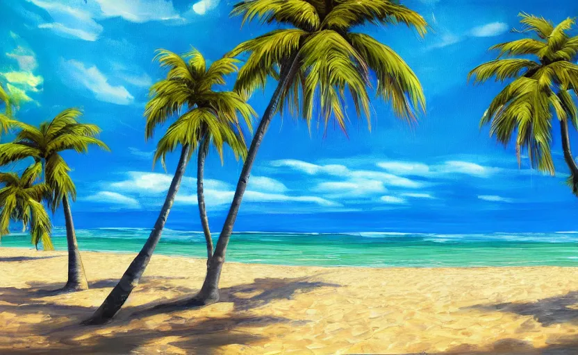 Prompt: A beautiful award winning painting of a tropical beach with palm trees and a blue ocean trending on artstation vibrant color scheme lots detail