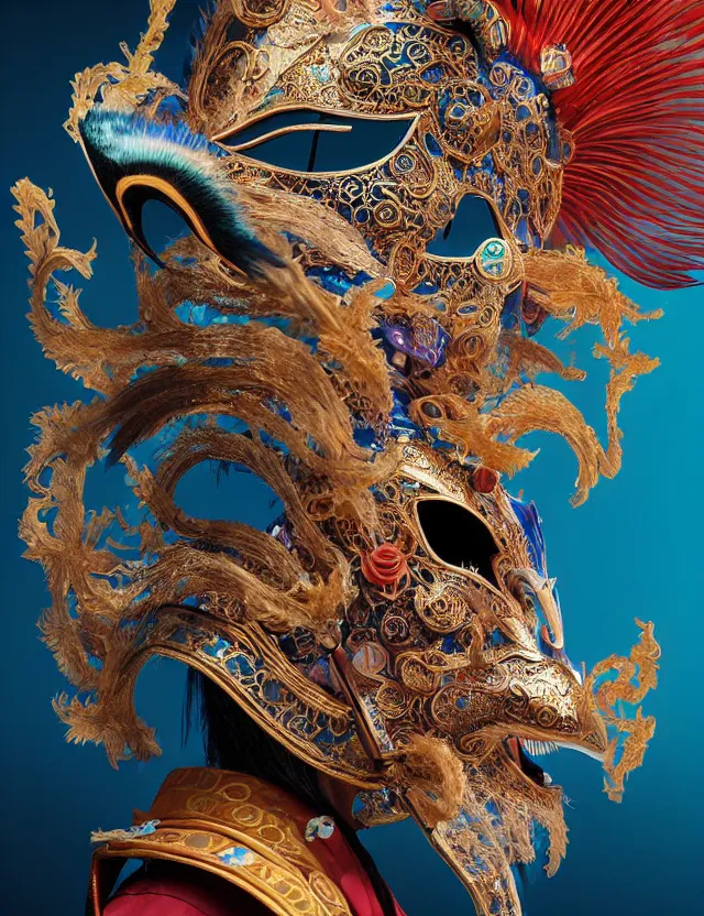 Image similar to 3 d shaman in venetian mask close - up profile portrait. beautiful intricately detailed japanese crow kitsune mask and clasical japanese kimono. betta fish, jellyfish phoenix, bio luminescent, plasma, ice, water, wind, creature, artwork by tooth wu and wlop and beeple and greg rutkowski