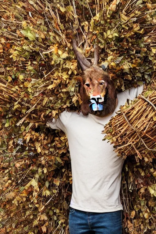 Prompt: a goatman wearing clothes made of leaves and holding a bundle of sticks